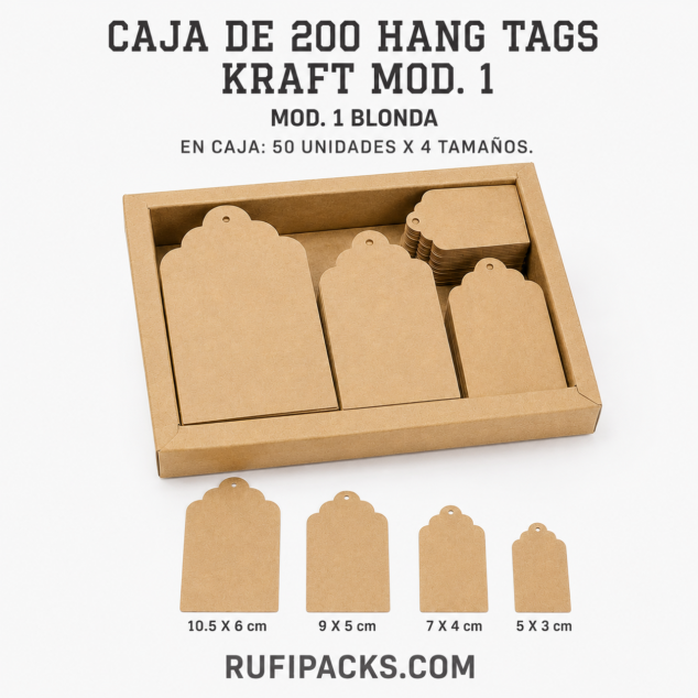 CAJA DE 200 HANG TAGS MOD. 1 BLONDA COLOR KRAFT