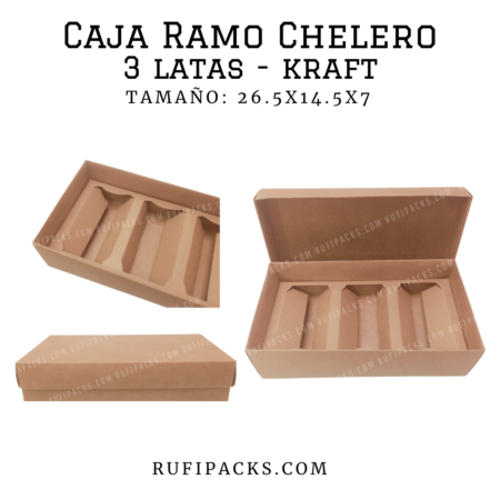 Caja Ramo Chelero para 3 latas, color kraft, con tapa, base e inserto.