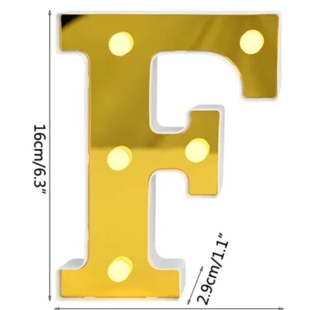 LETRA "F" DORADA 16 CMS. CON LUCES
