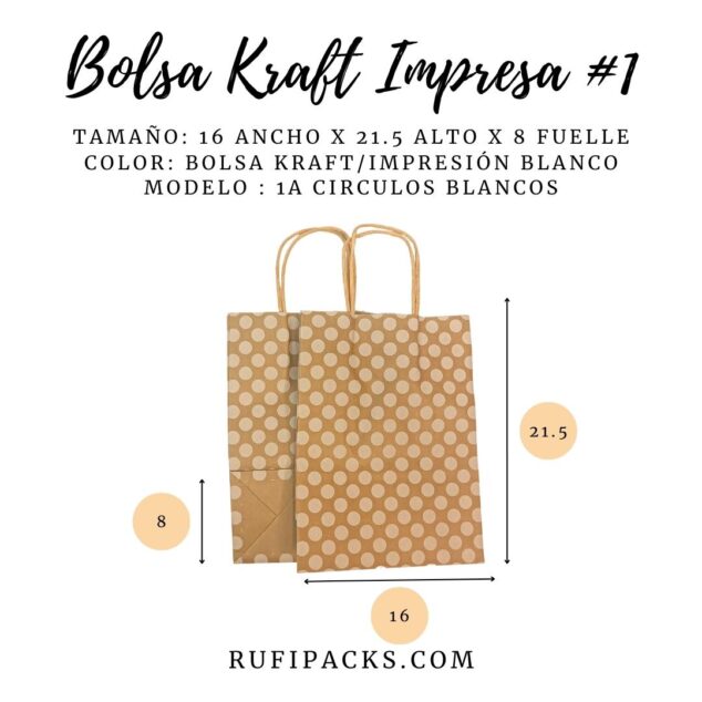 Bolsa Kraft para Regalo: 1A Círculos Blancos 16x8x21.5cms.
