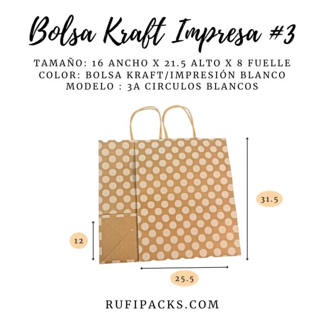 Bolsa Kraft para Regalo: 3A Círculos Blancos 25.5x12x31.5cms.