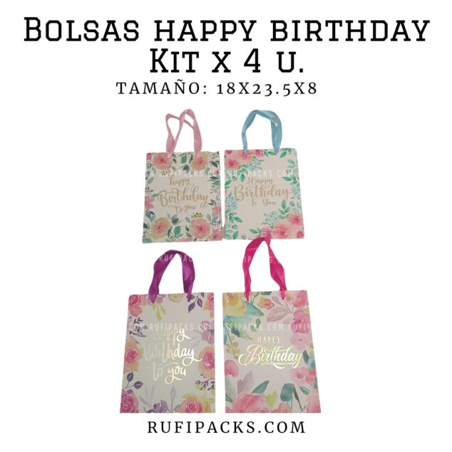 BOLSAS HAPPY BIRTHDAY 18X23.5X8 CMS. (PAQ. MIXTO X 4U)