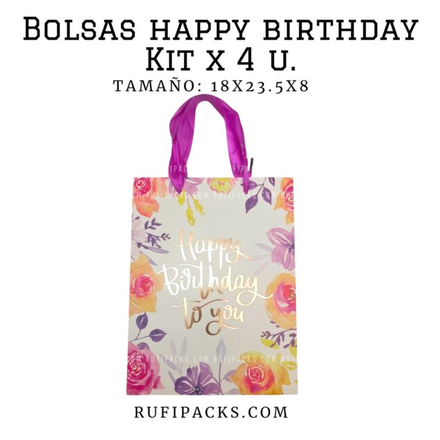 BOLSAS HAPPY BIRTHDAY 18X23.5X8 CMS. (PAQ. MIXTO X 4U)