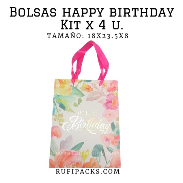 BOLSAS HAPPY BIRTHDAY 18X23.5X8 CMS. (PAQ. MIXTO X 4U)