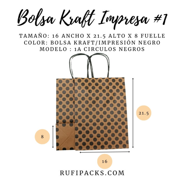 Bolsa Kraft para Regalo: 1A Círculos Negros 16x8x21.5cms.