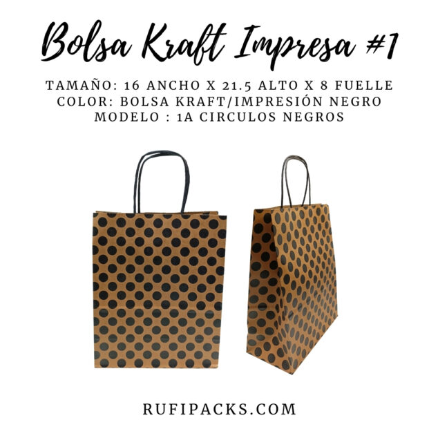 Bolsa Kraft para Regalo: 1A Círculos Negros 16x8x21.5cms.