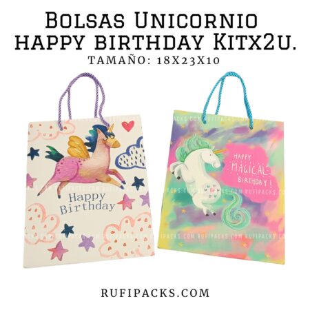 BOLSAS UNICORNIO HAPPY BIRTHDAY 18X23X10 CMS. (PAQ. MIXTO X 2U)