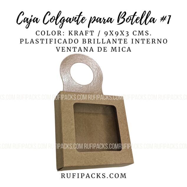 CAJA COLGANTE PARA BOTELLA #1 Kraft 9x9x3 cms.