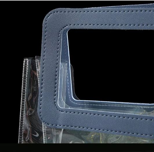 BOLSA ASA CUADRADA CUERINA ROSADA - PVC TRANSPARENTE 24.5x27.5x14