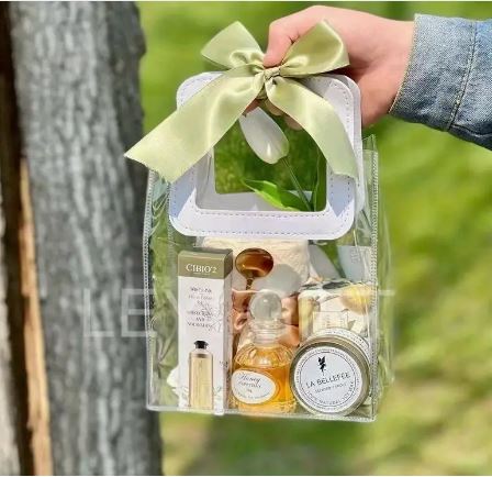 BOLSA ASA CUADRADA CUERINA BLANCO - PVC TRANSPARENTE 17.5x20X9.5