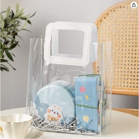 BOLSA ASA CUADRADA CUERINA BLANCO - PVC TRANSPARENTE 17.5x20X9.5