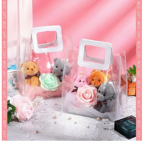 BOLSA ASA CUADRADA CUERINA ROSADA - PVC TRANSPARENTE 24.5x27.5x14