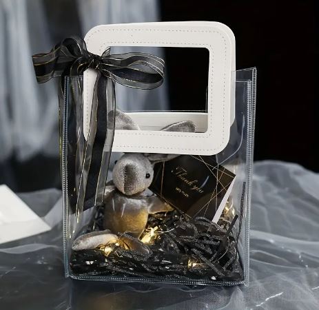 BOLSA ASA CUADRADA CUERINA BLANCO - PVC TRANSPARENTE 17.5x20X9.5