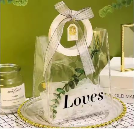 BOLSA ASA REDONDA CUERINA BLANCO - PVC TRANSPARENTE 17.5x20X9.5