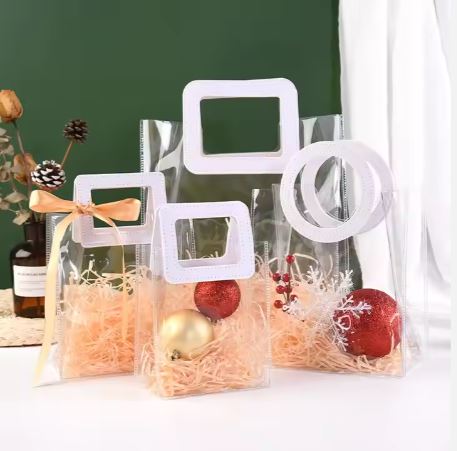 BOLSA ASA REDONDA CUERINA BLANCO - PVC TRANSPARENTE 17.5x20X9.5