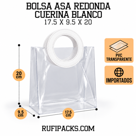 BOLSA ASA REDONDA CUERINA BLANCO - PVC TRANSPARENTE 17.5x20X9.5