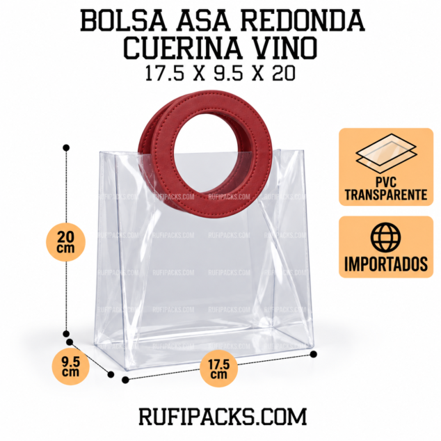 BOLSA ASA REDONDA CUERINA VINO - PVC TRANSPARENTE 17.5x20X9.5