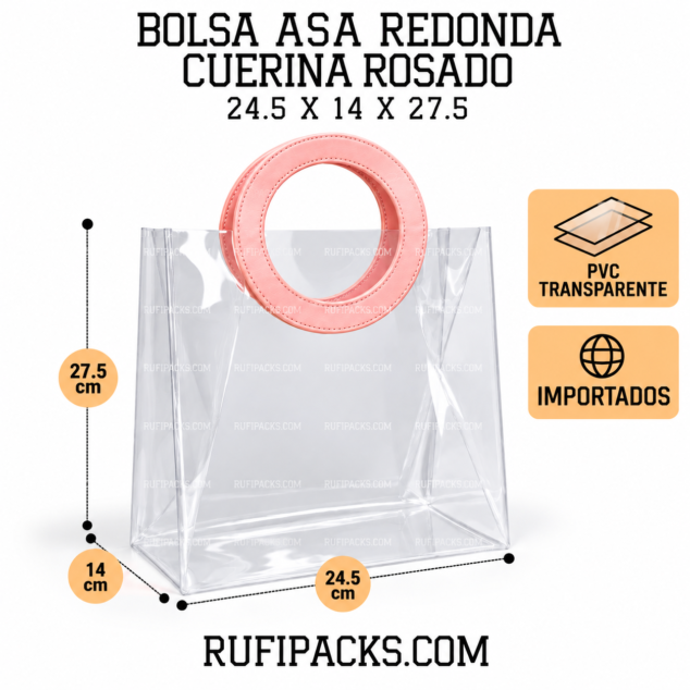 BOLSA 24.5x14X27.5 ASA REDONDA CUERINA ROSADO - PVC TRANSPARENTE