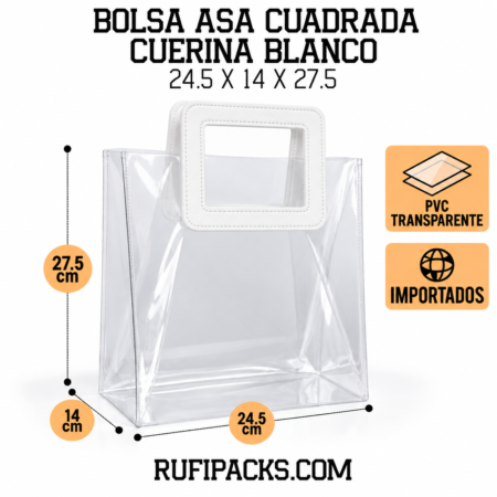 BOLSA 24.5x14X27.5 ASA REDONDA CUERINA BLANCO – PVC TRANSPARENTE