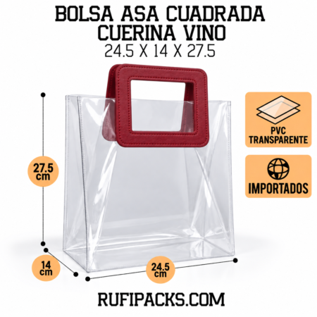 BOLSA 24.5x14X27.5 ASA REDONDA CUERINA VINO – PVC TRANSPARENTE