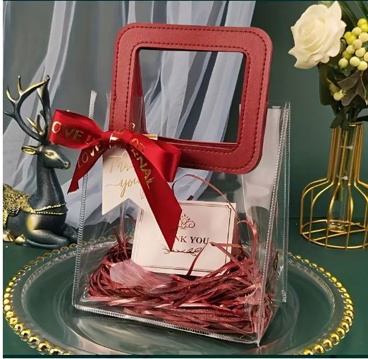 BOLSA ASA CUADRADA CUERINA VINO – PVC TRANSPARENTE 17.5x20X9.5