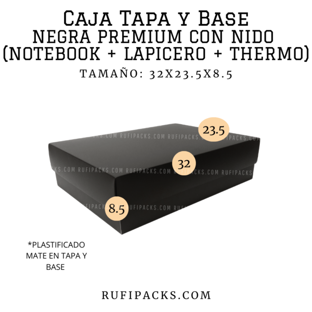 CAJA 32X23.5X8.5 TAPA Y BASE NEGRA PREMIUM CON NIDO (NOTEBOOK+LAPICERO+TAZA)