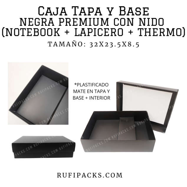 CAJA 32X23.5X8.5 TAPA Y BASE NEGRA PREMIUM CON NIDO (NOTEBOOK+LAPICERO+TAZA)