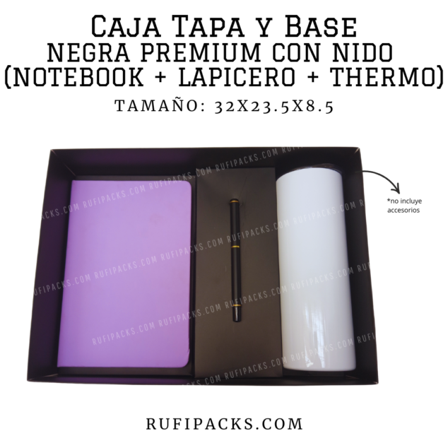 CAJA 32X23.5X8.5 TAPA Y BASE NEGRA PREMIUM CON NIDO (NOTEBOOK+LAPICERO+TAZA)