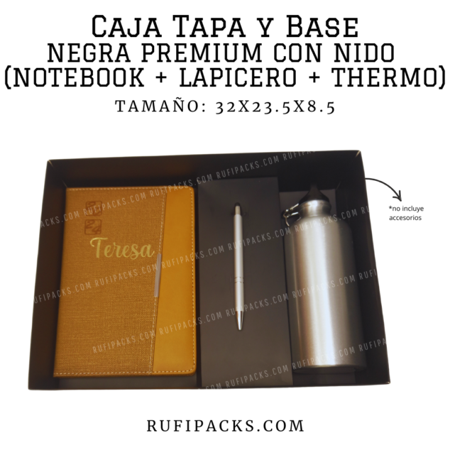 CAJA 32X23.5X8.5 TAPA Y BASE NEGRA PREMIUM CON NIDO (NOTEBOOK+LAPICERO+TAZA)