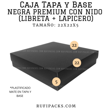 CAJA 22X22X5 TAPA Y BASE NEGRA PREMIUM CON NIDO (LIBRETA+LAPICERO)