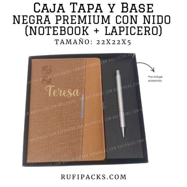 CAJA 22X22X5 TAPA Y BASE NEGRA PREMIUM CON NIDO (NOTEBOOK+LAPICERO)