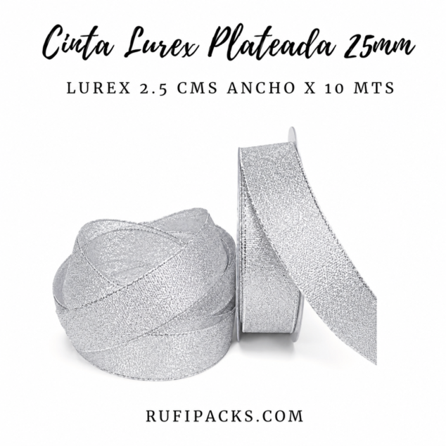 CINTA PLATEADA LUREX 25MM X 10 METROS