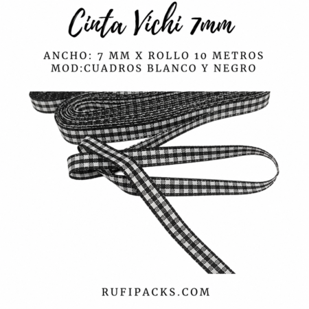 CINTA ESCOCESA VICHI 7mm CUADROS NEGRO CON BLANCO X 10 METROS (copia)