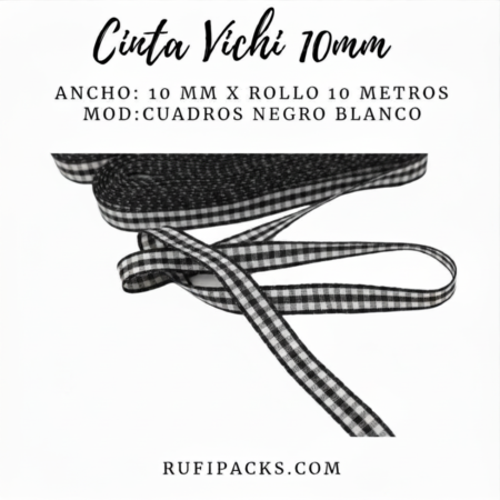 CINTA ESCOCESA VICHI 10mm CUADROS NEGRO CON BLANCO X 10 METROS