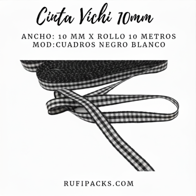 CINTA ESCOCESA VICHI 10mm CUADROS NEGRO CON BLANCO X 10 METROS