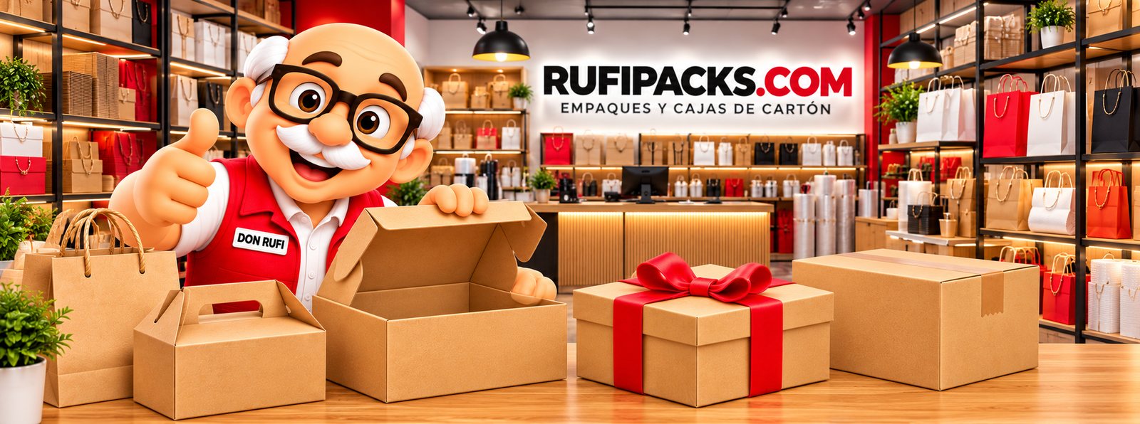 Don Rufi en la tienda Rufipacks con cajas y bolsas de cartón