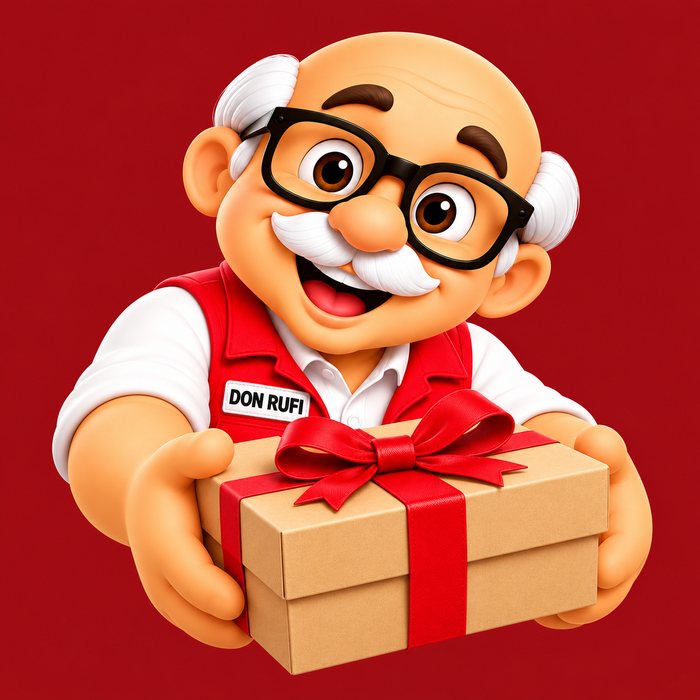 Don Rufi entregando una caja de regalo