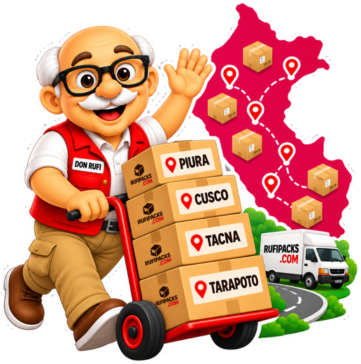 Don Rufi llevando cajas a provincias del Perú